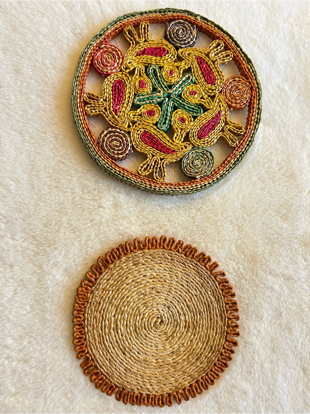 Vintage Woven Trivet Set of 2 Coastal Seabird Starfish Seashell Nautical jute